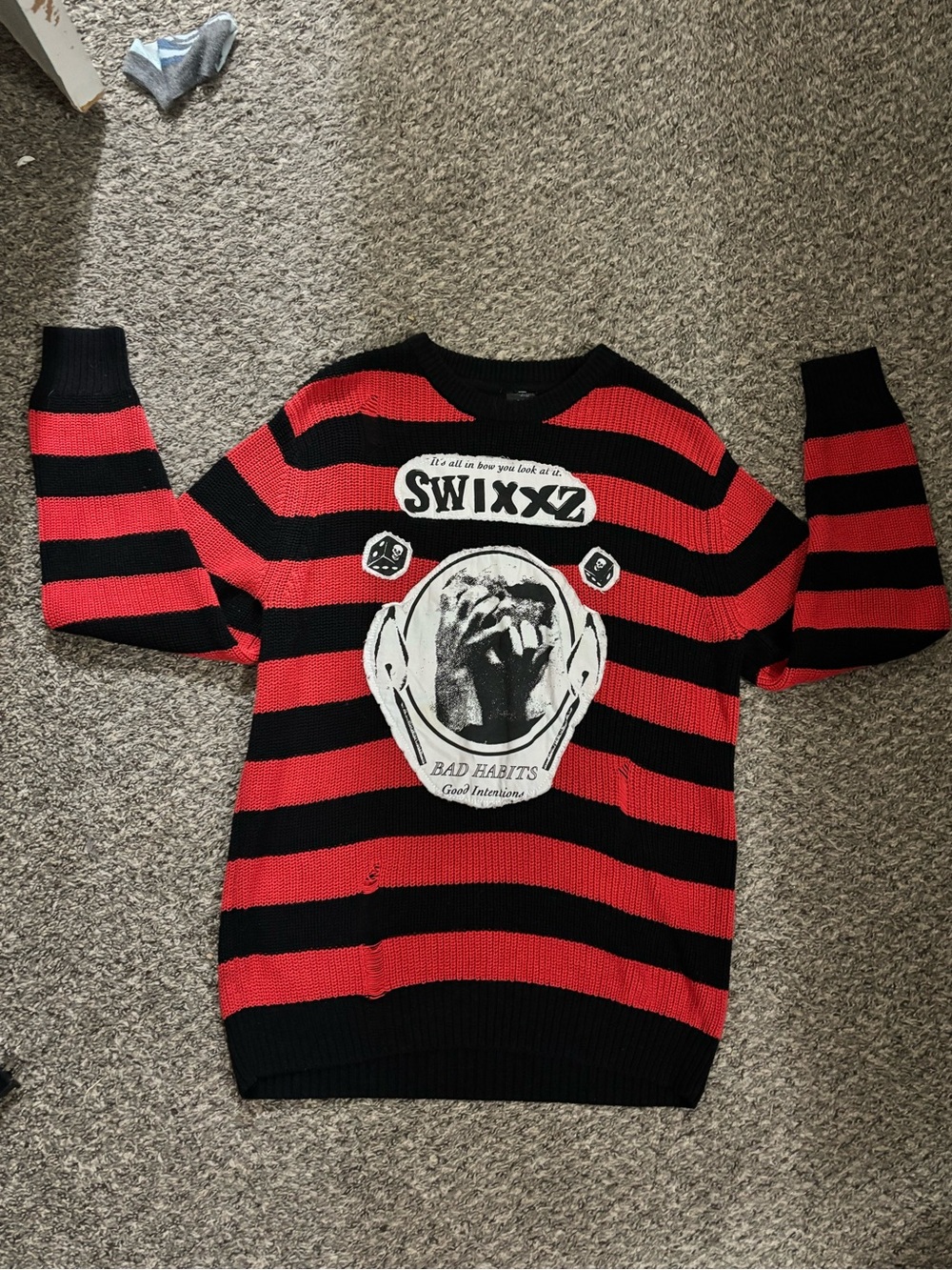 SWIXXZ Bad Habits Distressed Striped Knit Sweater Grunge S